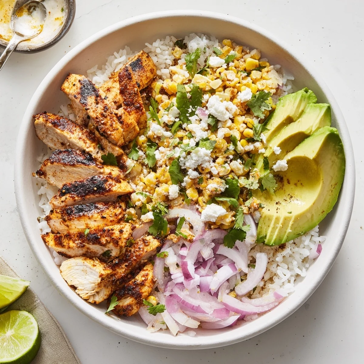 Close-up of Street Corn Chicken Rice Bowl featuring juicy chicken slices, cotija cheese, lime wedges, and zesty toppings.