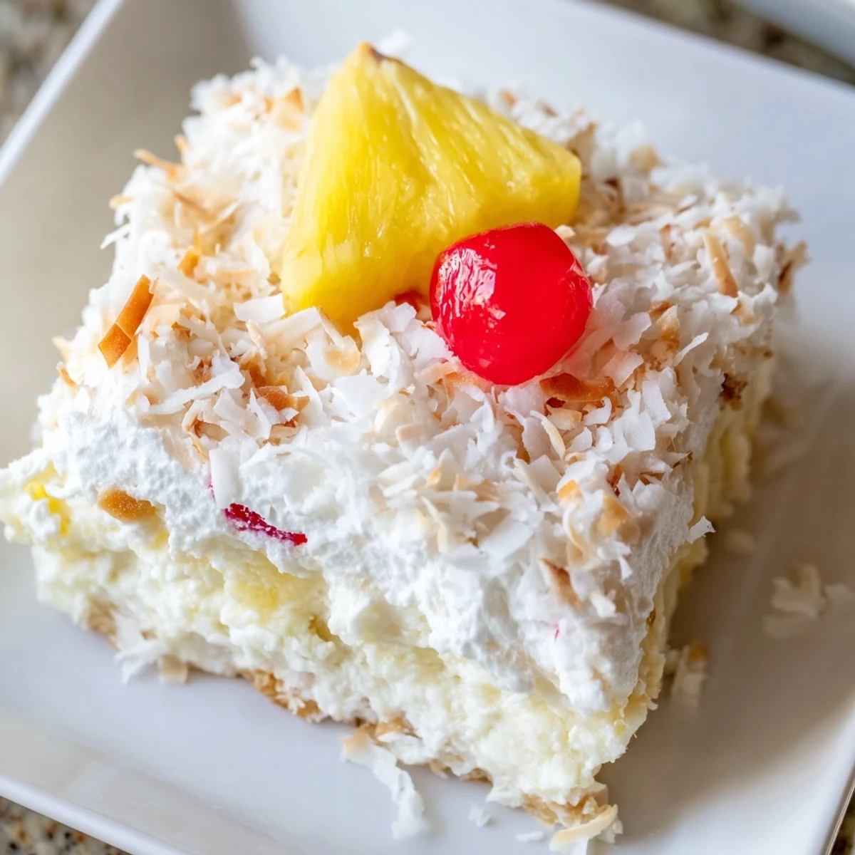 Hawaiian Poke Cake served chilled on a tropical platter with fresh pineapple chunks and maraschino cherries, ideal for summer potlucks.