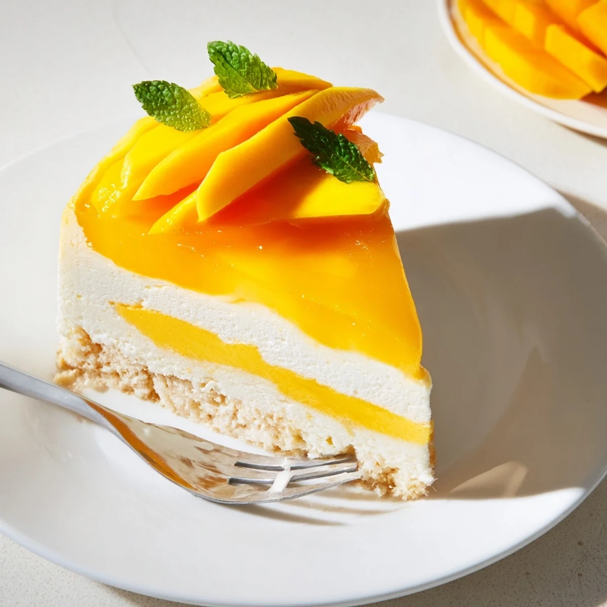Fluffy mango mousse cake with a tender sponge base and glossy mango glaze, topped with fresh mango slices and mint leaves.  
