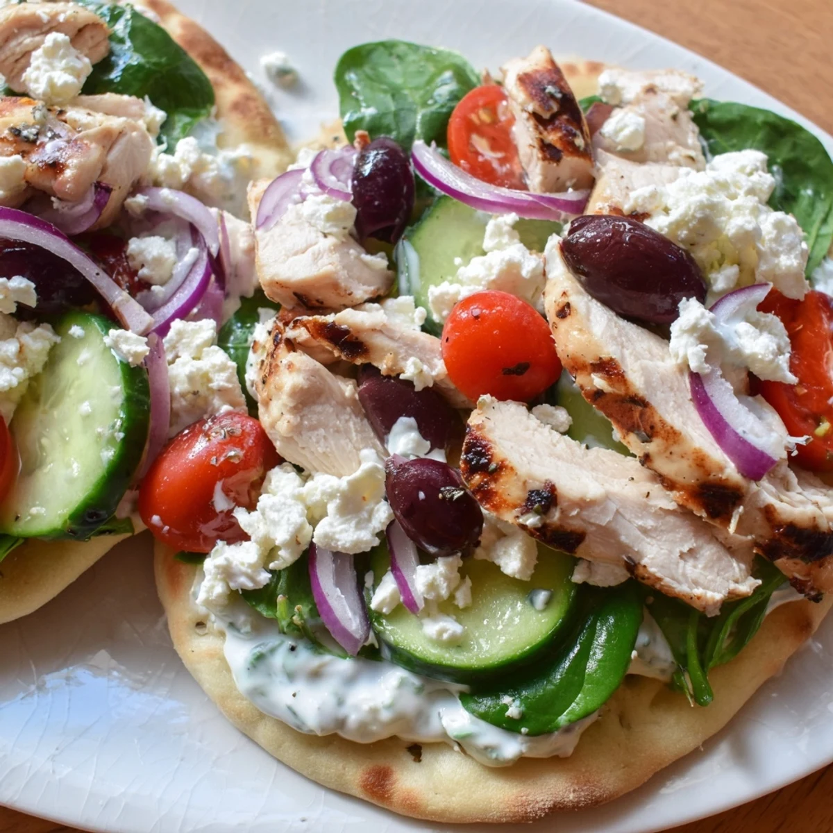 Golden Greek chicken flatbread topped with fresh vegetables, crumbled feta, and creamy tzatziki sauce