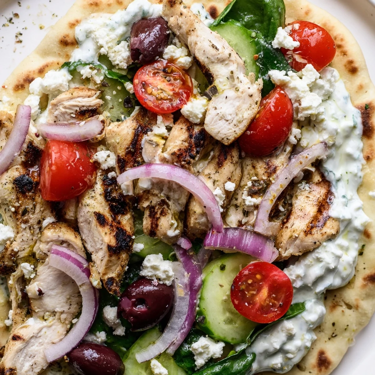 Homemade Greek chicken flatbread with marinated sliced chicken, spinach, and feta cheese on warm naan