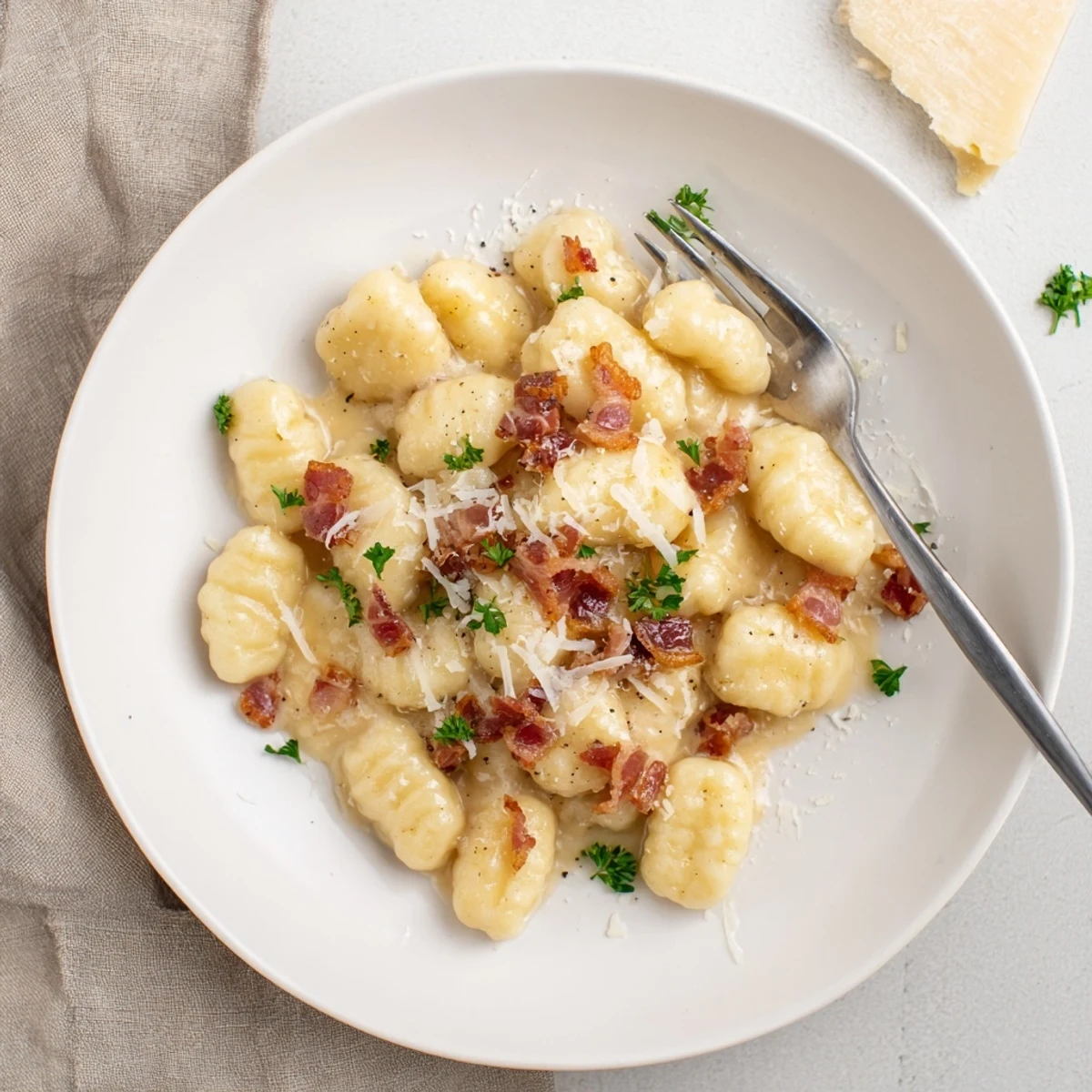 Golden plate of Gnocchi Carbonara with crispy bacon bits and shaved Parmesan cheese