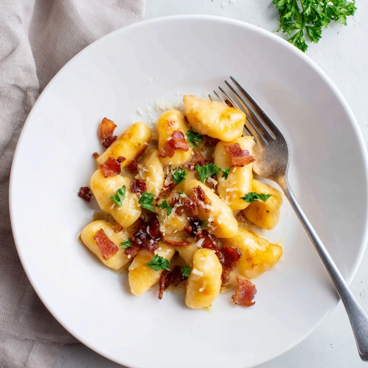 Crispy bacon and grated Parmesan topping this comforting Gnocchi Carbonara main dish