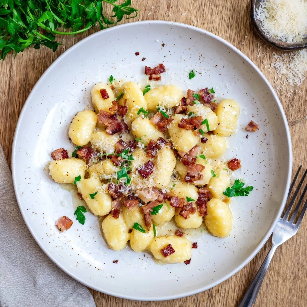 Creamy Gnocchi Carbonara featuring pillowy potato dumplings coated in rich egg sauce