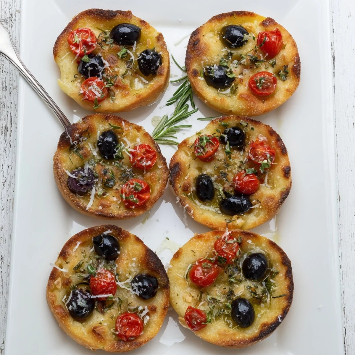 Fluffy Italian mini focaccia appetizers with aromatic herbs and crispy crust served on a white plate