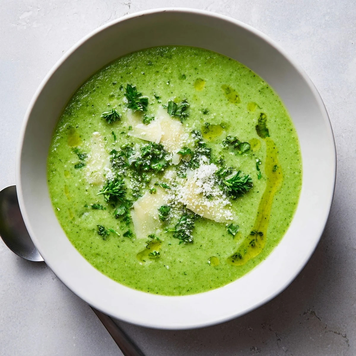 Creamy homemade Italian broccoli soup garnished with grated Parmesan and fresh basil in a white bowl