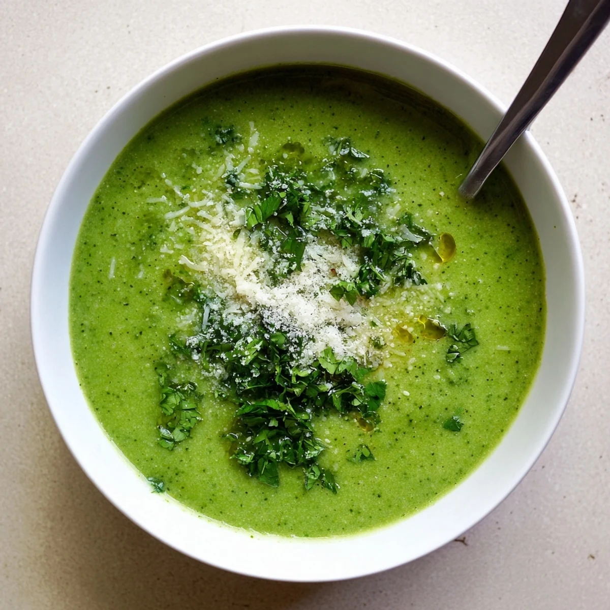Velvety green homemade Italian broccoli soup served hot with crusty bread and olive oil drizzle