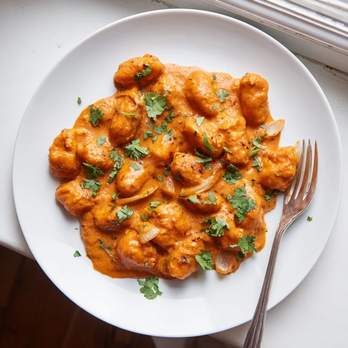 Creamy tikka masala gnocchi coated in spiced orange tomato sauce with fresh cilantro