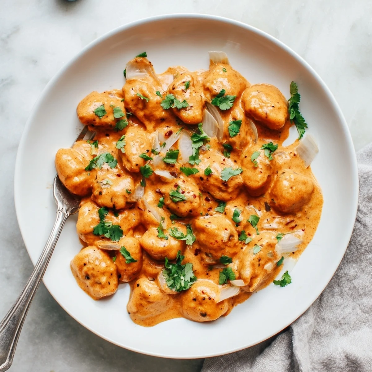 Fusion tikka masala gnocchi dish served hot with vibrant sauce and green herb garnish