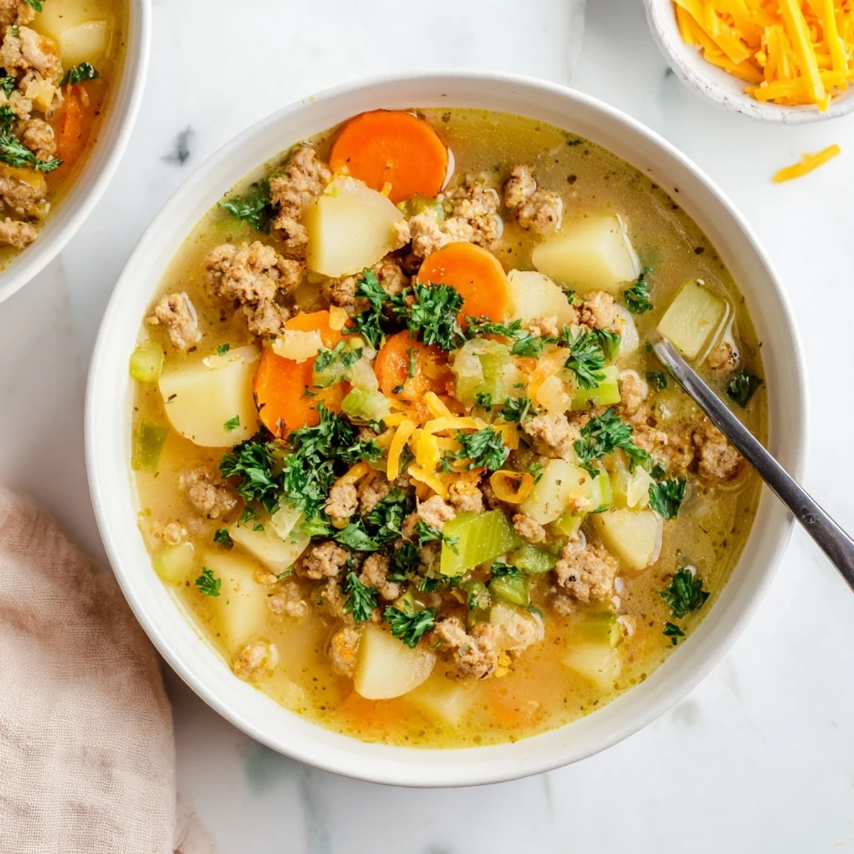 Hearty bowl of simple pork sausage potato soup garnished with fresh chopped parsley