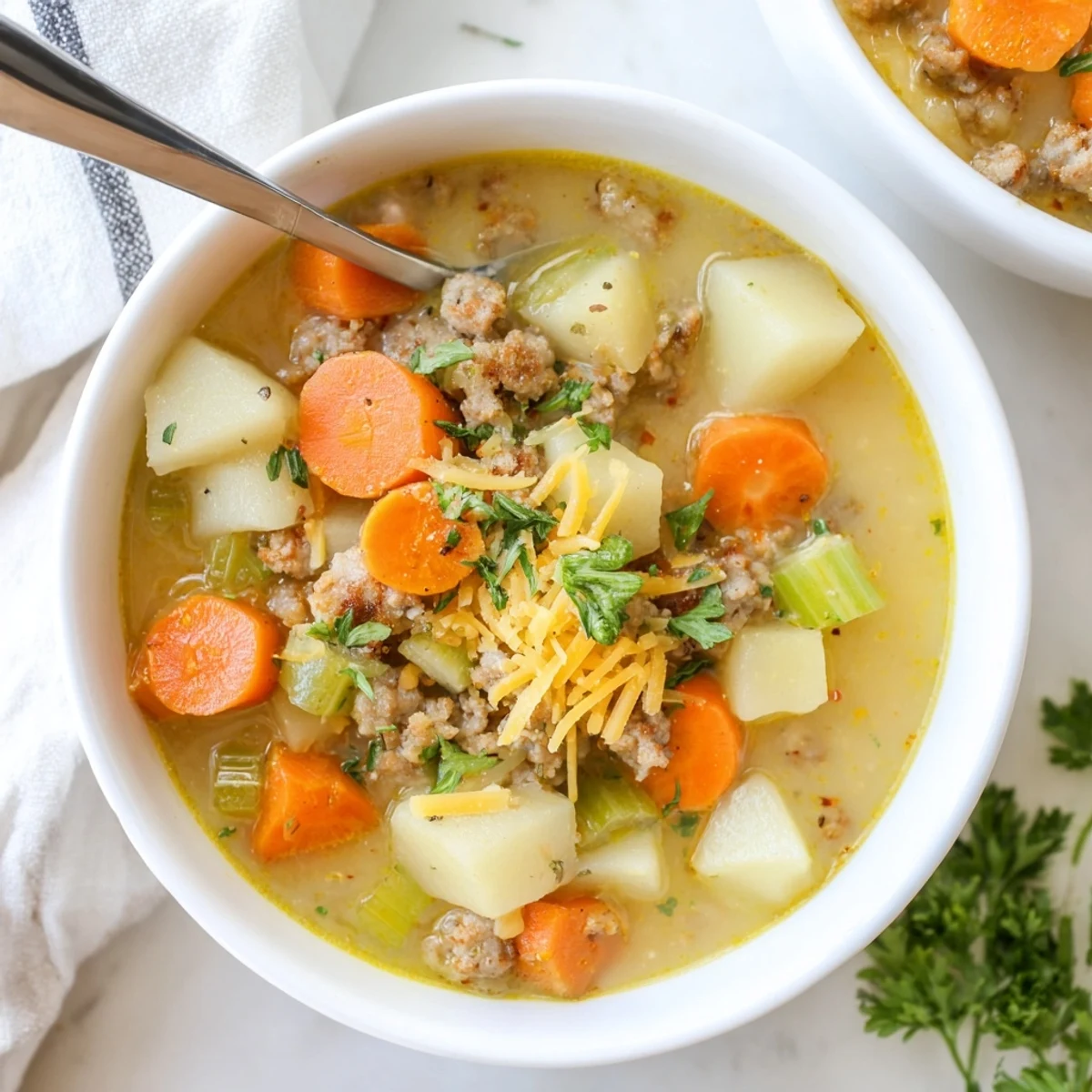Creamy pork sausage potato soup with tender vegetables served in a white bowl