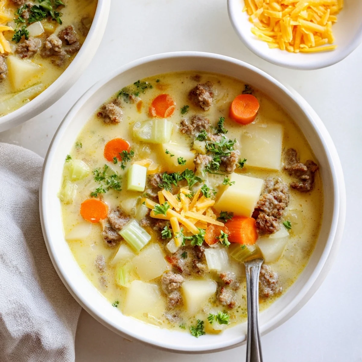 Savory pork sausage potato soup featuring diced potatoes and vegetables in rich broth