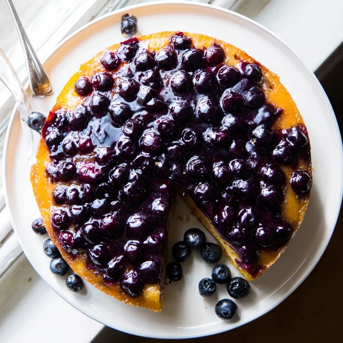 Golden blueberry upside down cake with caramelized fruit topping on a white serving plate