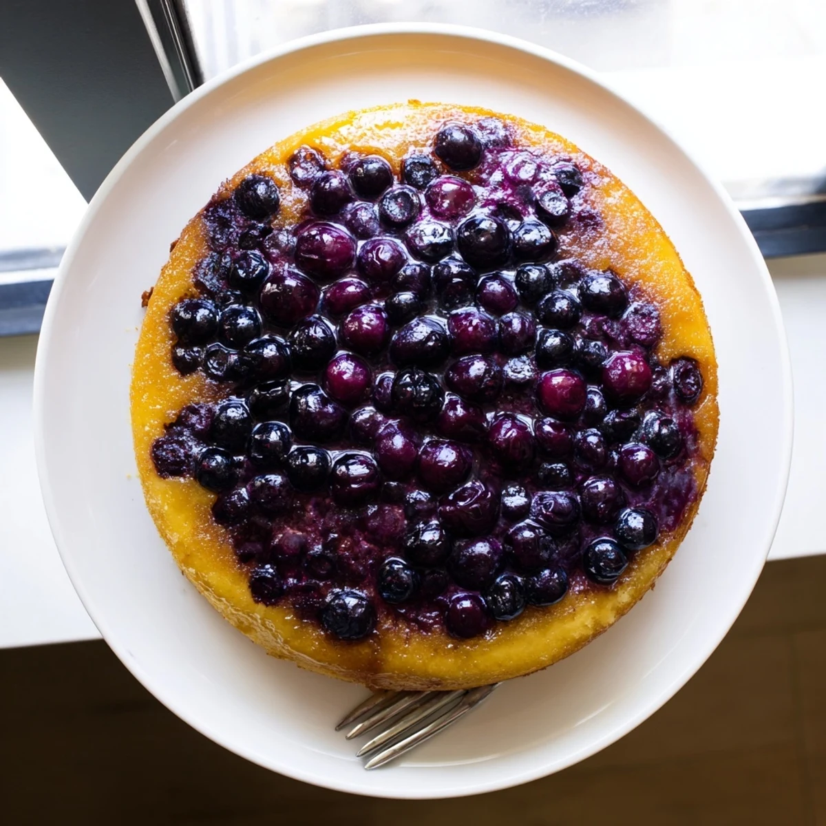Fresh blueberry upside down cake baked to golden perfection with sweet glossy fruit topping