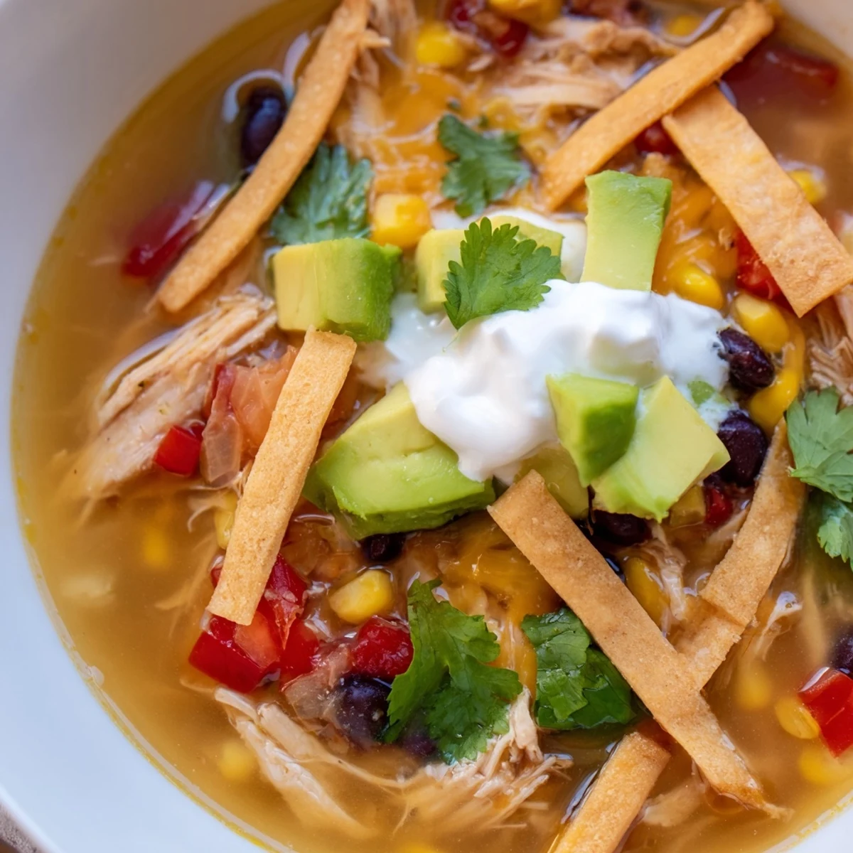 Rustic chicken tortilla soup topped with golden crispy tortilla strips, creamy avocado, and fresh cilantro garnish in a bowl