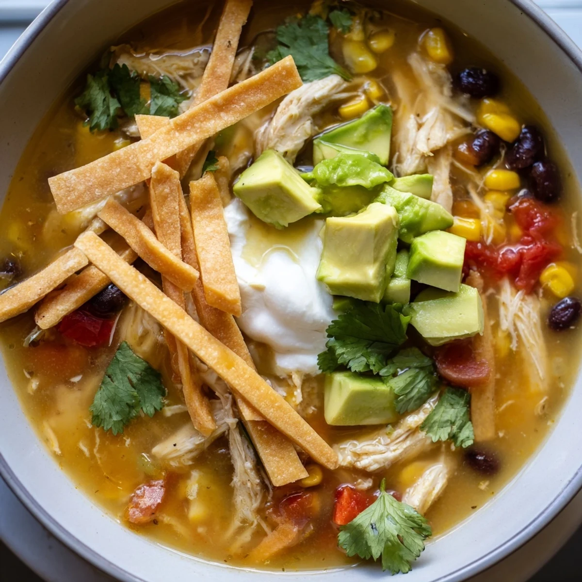 Hearty chicken tortilla soup simmering with red bell pepper, diced tomatoes, and jalapeño, finished with lime wedges