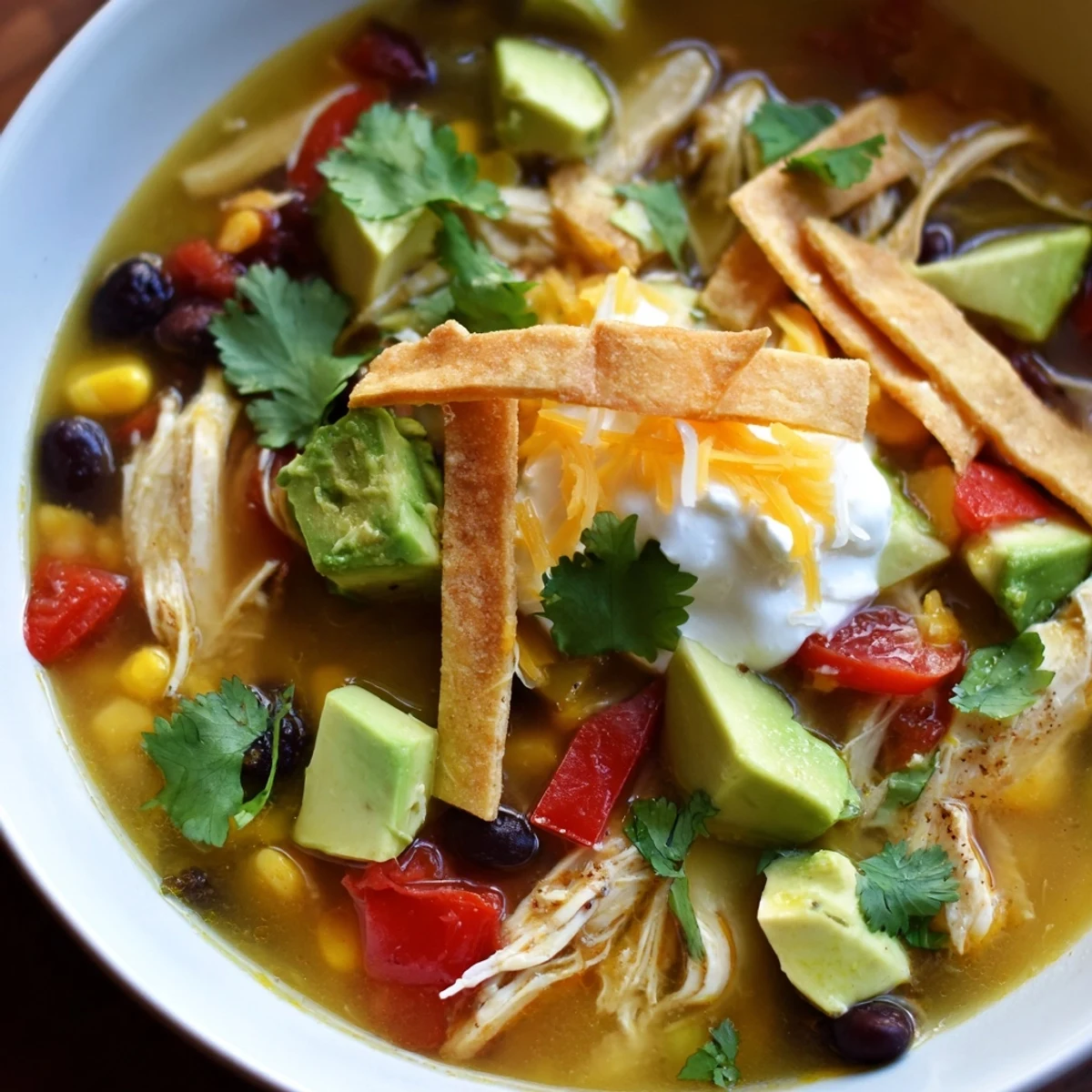 Warm homemade chicken tortilla soup featuring tender shredded chicken, black beans, corn, and melted cheddar cheese garnish