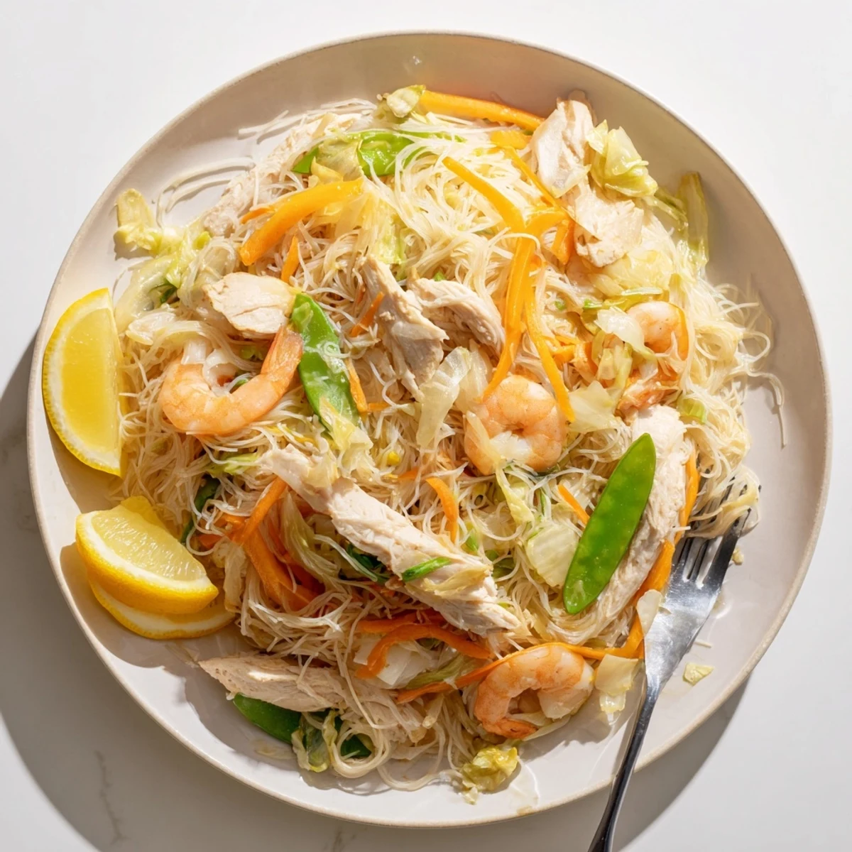 Steaming Traditional Pancit Bihon stir-fry showcasing tender rice noodles with chicken and shrimp