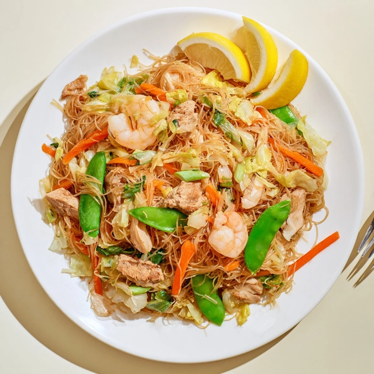 Golden plate of Traditional Pancit Bihon garnished with fresh scallions and lemon wedges