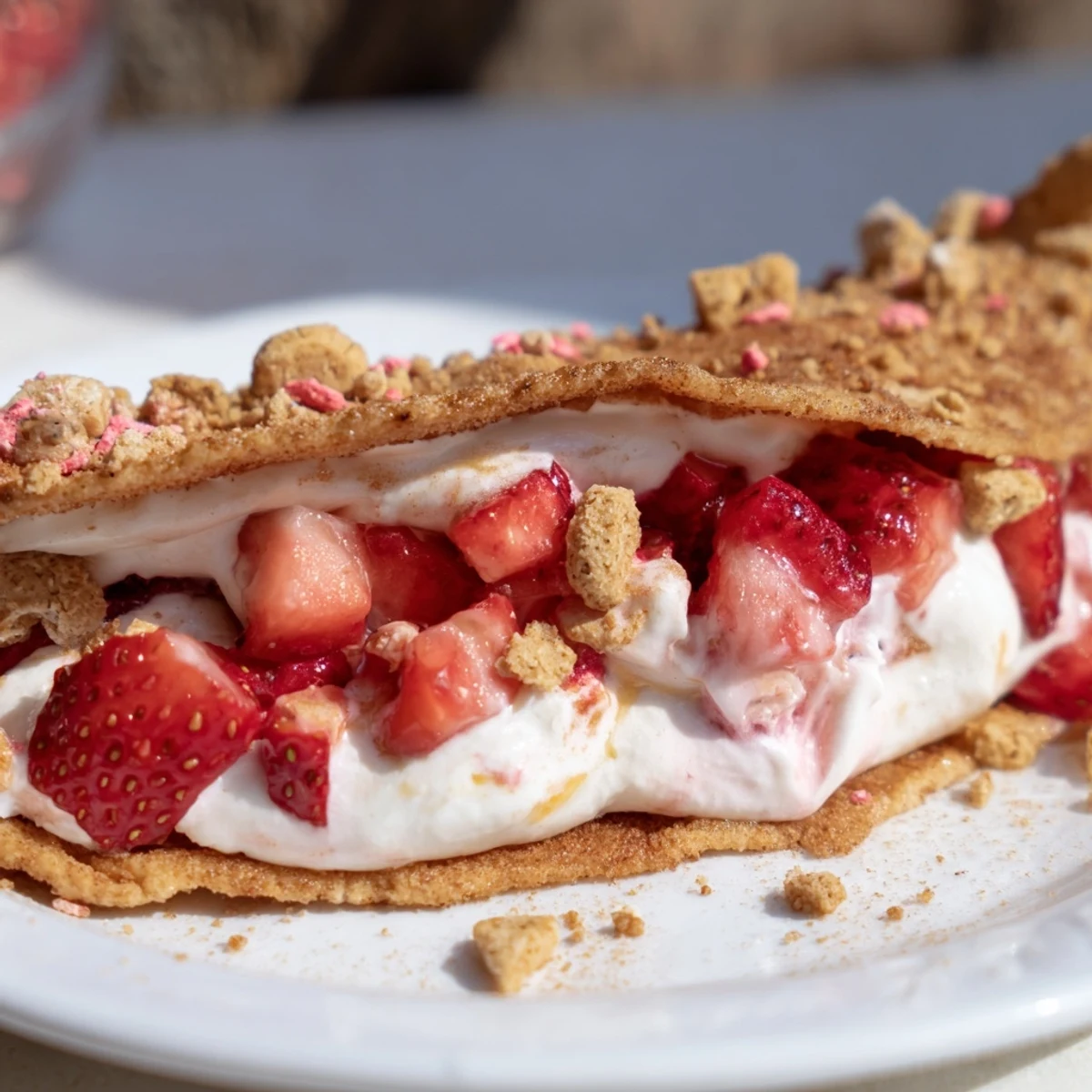 Golden crispy cinnamon sugar taco shell filled with creamy cheesecake and fresh diced red strawberries