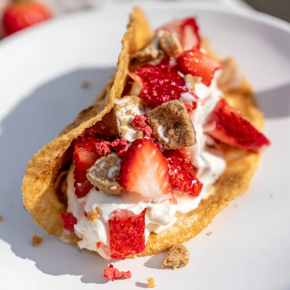 Creamy vanilla cheesecake stuffed dessert taco topped with macerated berries and golden cookie crumble