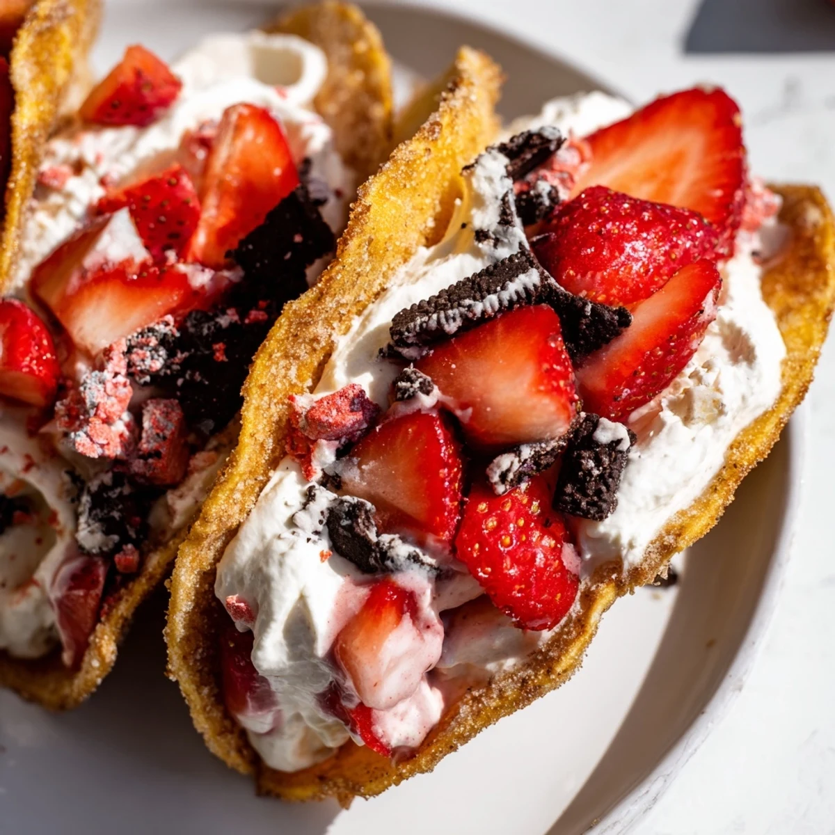 Playful strawberry crunch cheesecake taco featuring whipped cream filling and crunchy buttery vanilla topping