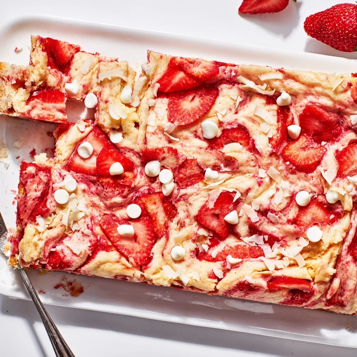 Slice of strawberry earthquake cake revealing layered cream cheese coconut and juicy strawberry filling