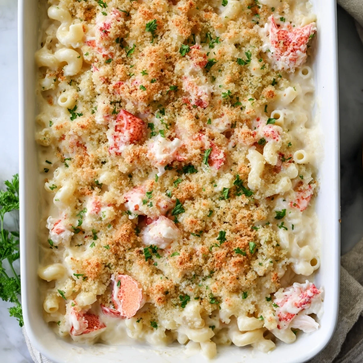 Creamy three-cheese pasta with tender succulent lobster pieces and melted garlic butter sauce fresh from the oven