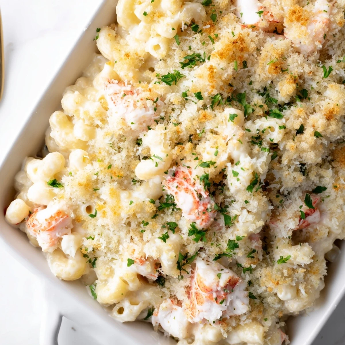 Golden baked garlic butter lobster mac and cheese with crispy breadcrumb topping bubbling in a white dish