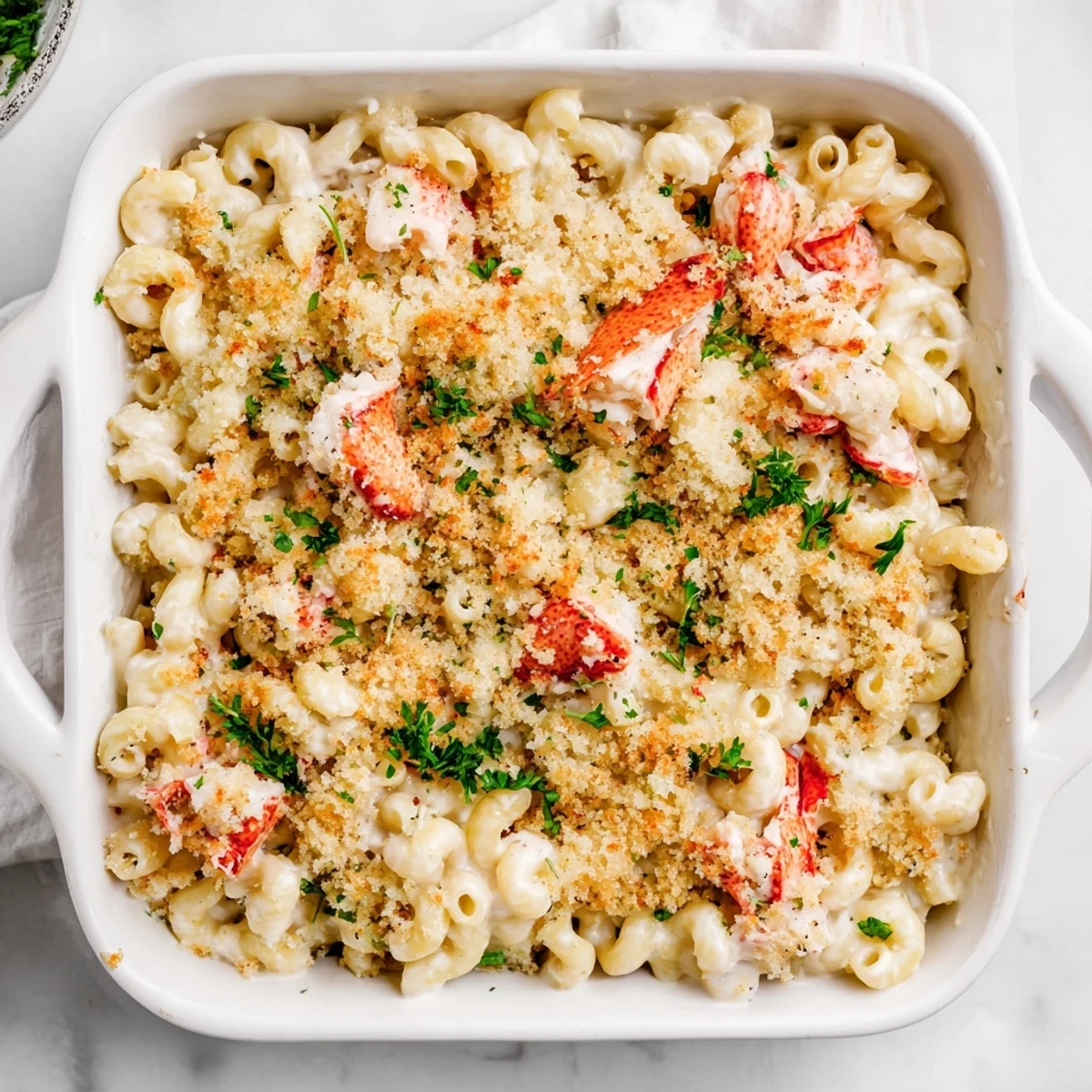 Rustic casserole of elbow macaroni tossed with chunks of lobster meat in rich savory cheese sauce