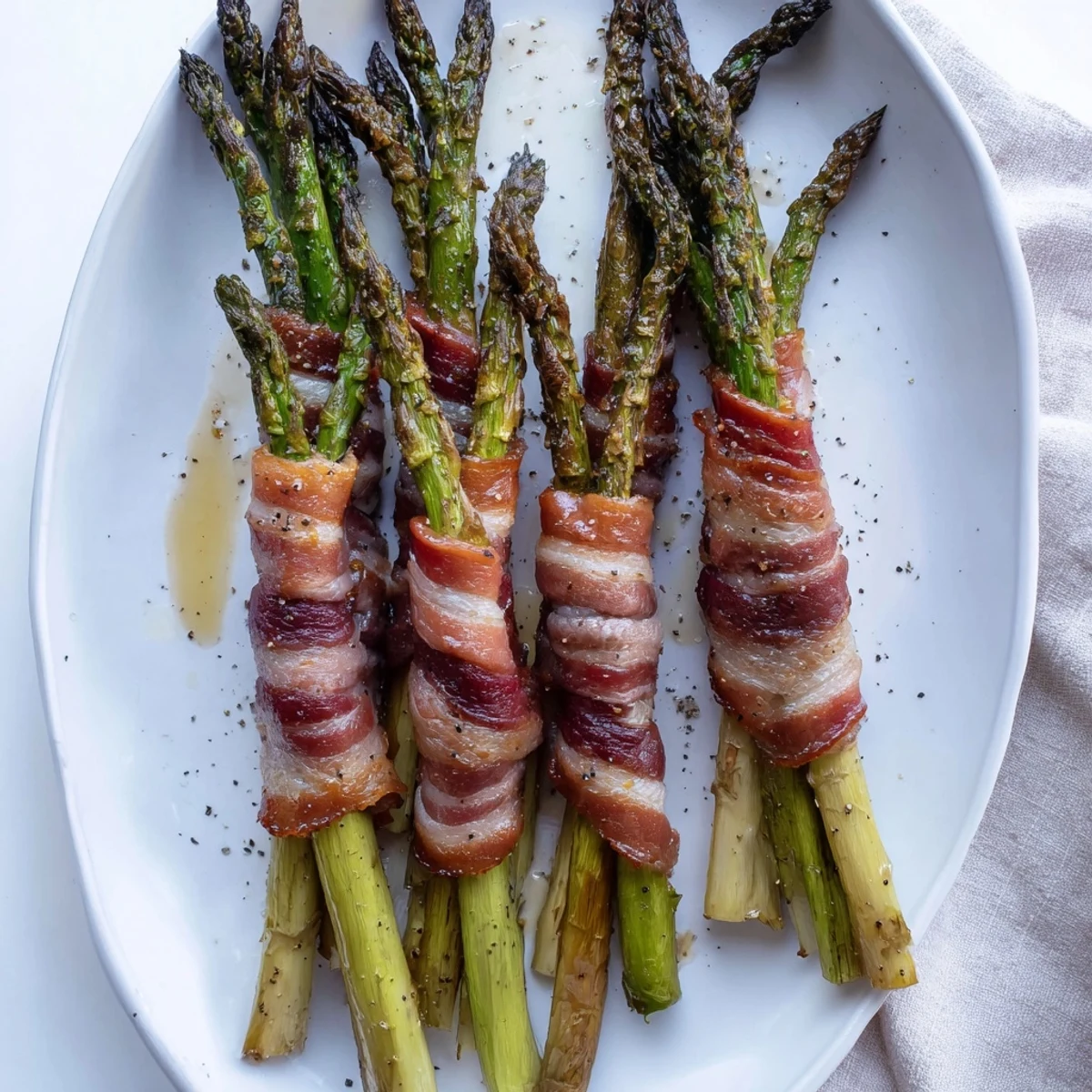 Golden brown bacon wrapped asparagus spears roasted to crispy perfection with garlic