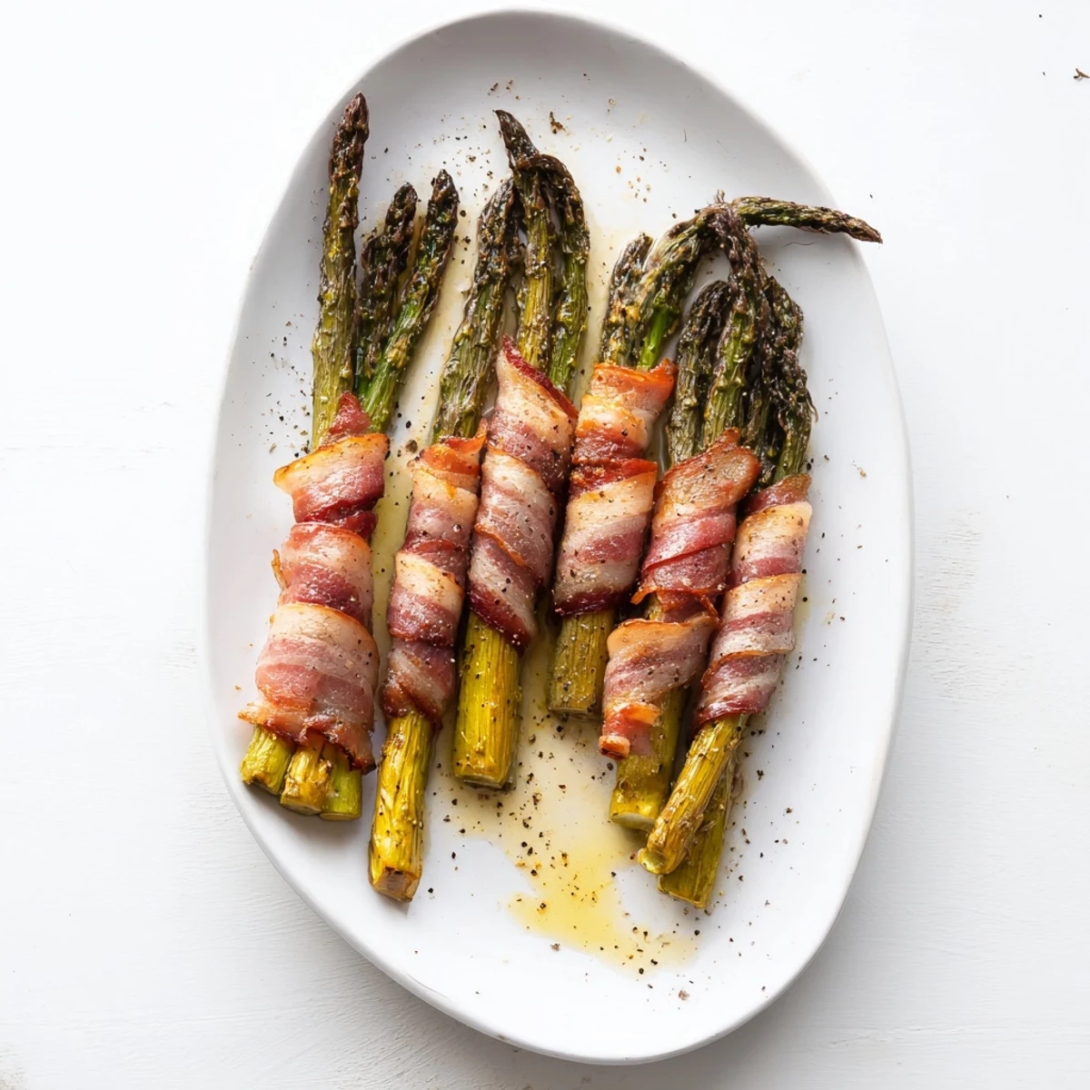 Tender green asparagus bundles spiraled in smoky bacon on a white baking sheet