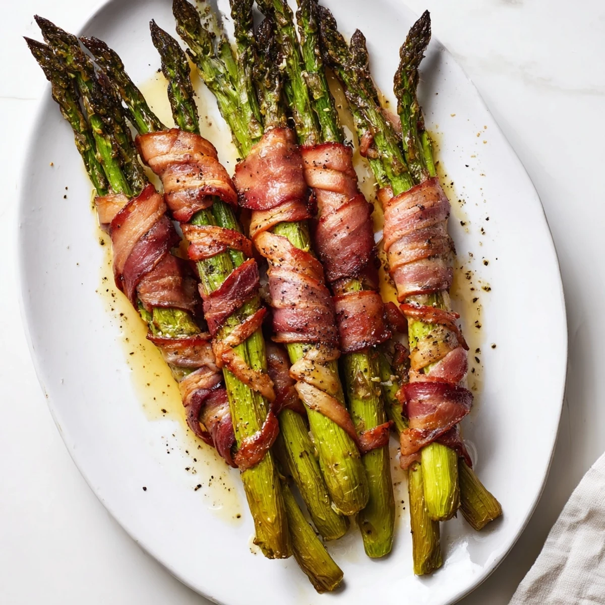 Crispy garlic bacon wrapped asparagus arranged on serving platter ready for appetizer serving