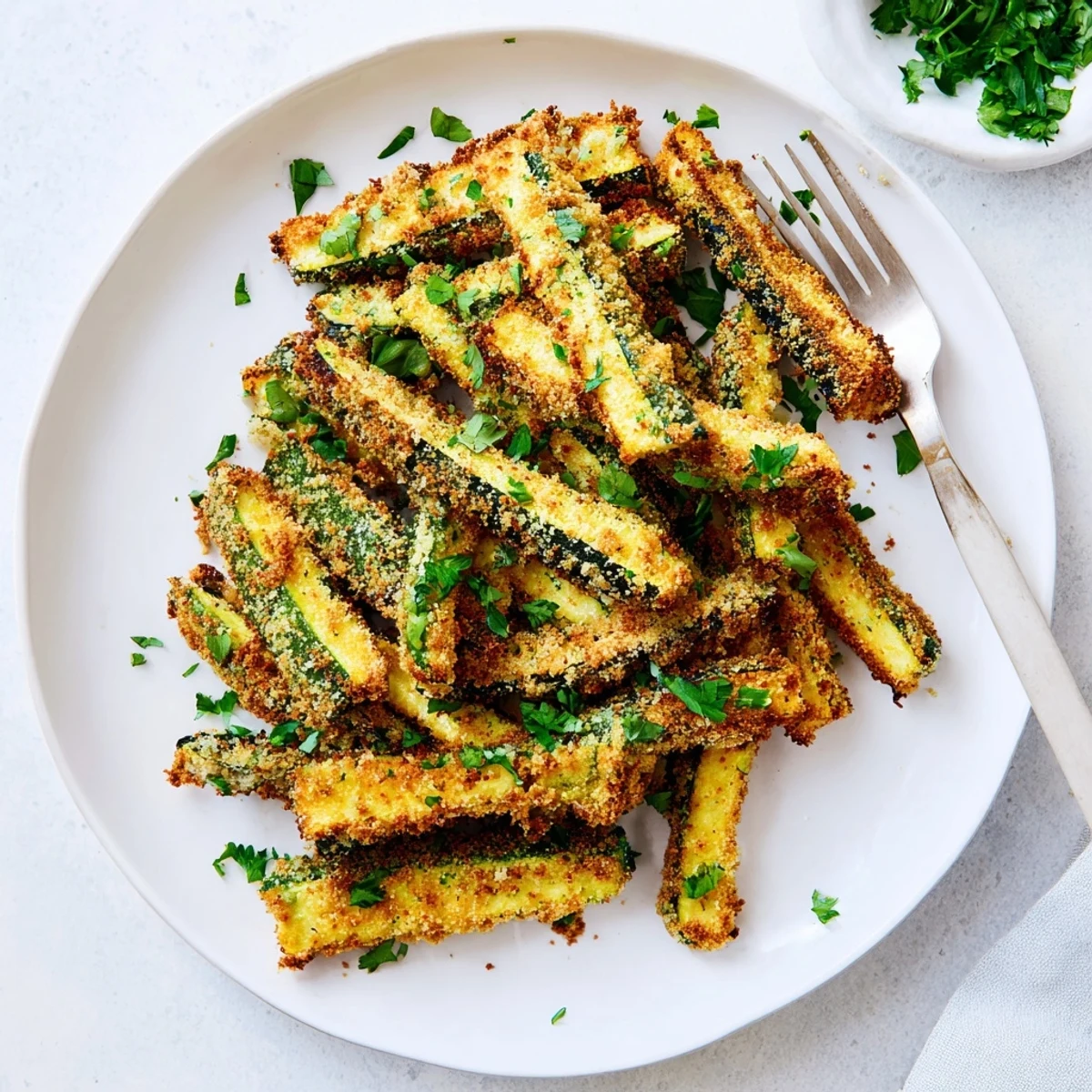 Golden brown crispy baked keto zucchini fries arranged on a white serving platter with fresh parsley garnish