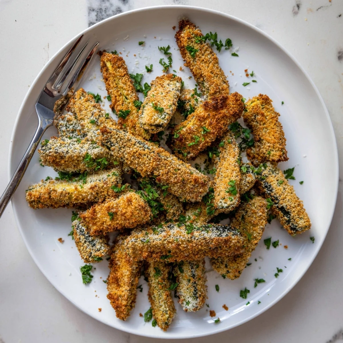 Low-carb zucchini fries with almond parmesan coating displayed on parchment paper after baking until perfectly crunchy