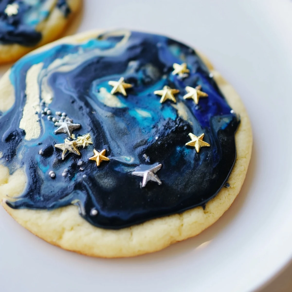 Sweet sugar cookies featuring celestial blue and black marbled glaze with sparkling edible stars