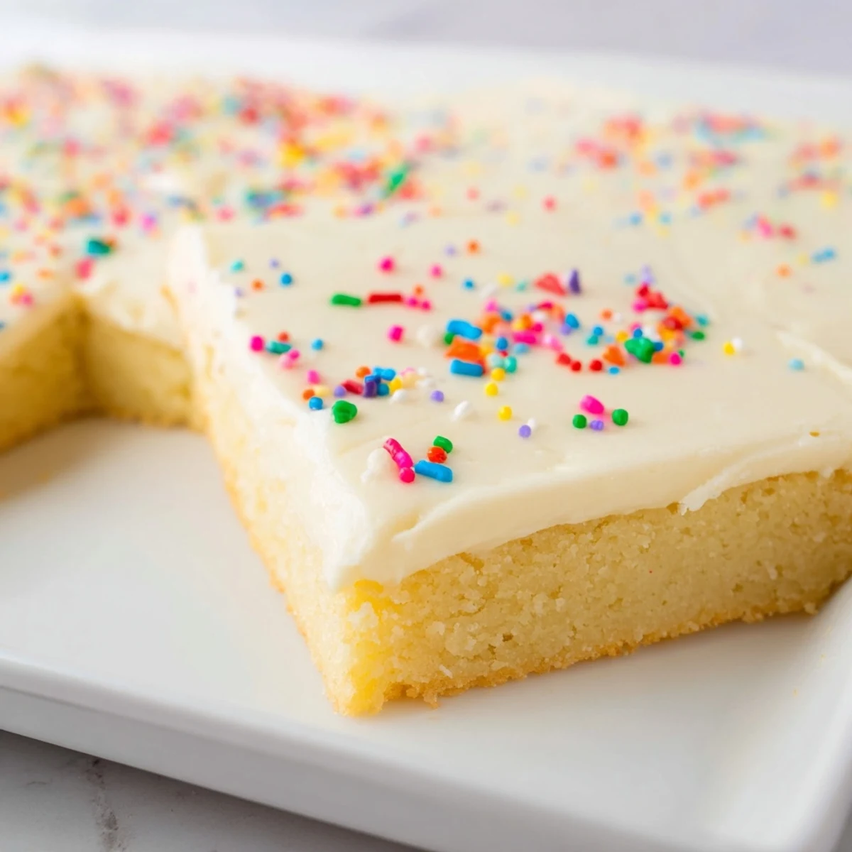 Freshly baked sugar cookie bars spread with smooth buttercream frosting and garnished with festive rainbow sprinkles for dessert
