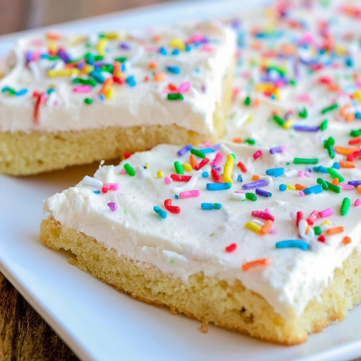 Soft golden sugar cookie bars topped with swirls of creamy white vanilla frosting and colorful sprinkles on a white serving plate