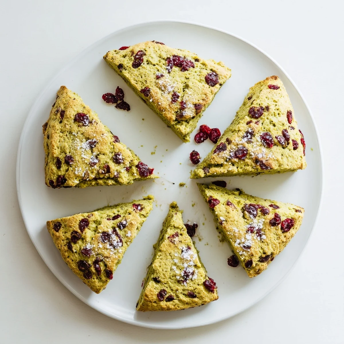 Golden green matcha cranberry scones with cranberries on a wire cooling rack