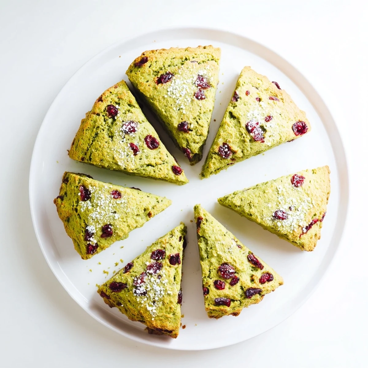 Wedged matcha cranberry scones with visible dried cranberries on parchment paper
