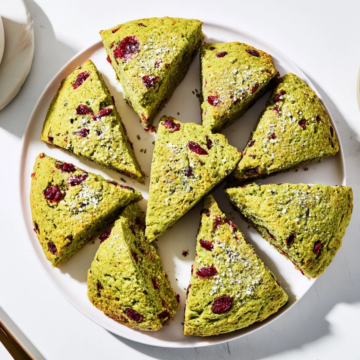 Tender matcha cranberry scones brushed with milk and coarse sparkling sugar