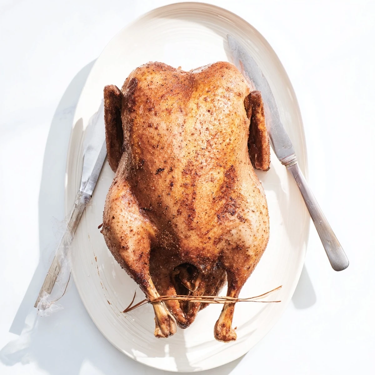 Golden roasted whole duck with crispy glazed skin seasoned with aromatic Chinese five spice