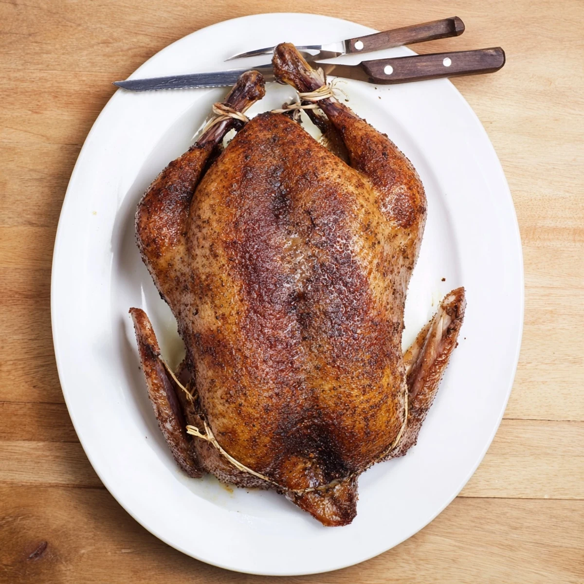 Whole five spice roasted duck displayed on carving board with juicy sliced meat revealed