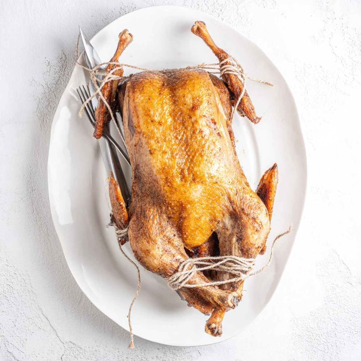 Beautifully browned five spice roasted duck resting on roasting rack with glistening spiced skin