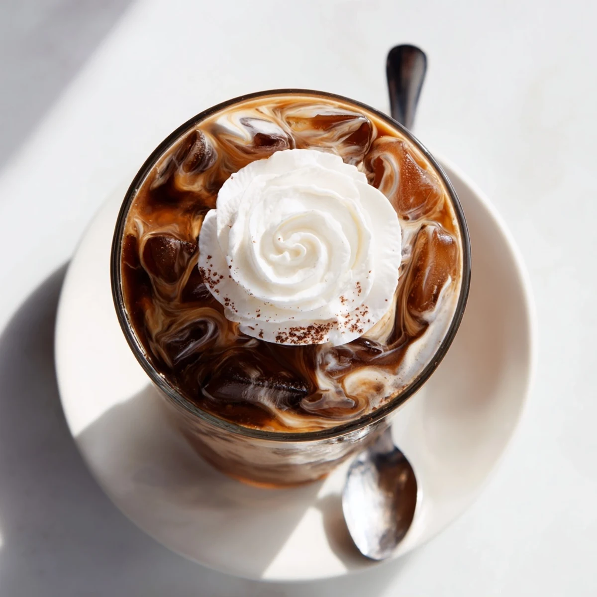 Refreshing iced coffee with milk poured over ice in a tall glass