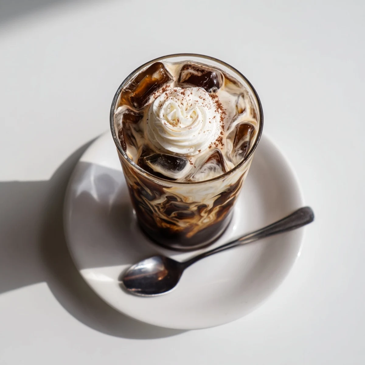 Glass of chilled iced coffee with ice cubes and creamy milk swirls