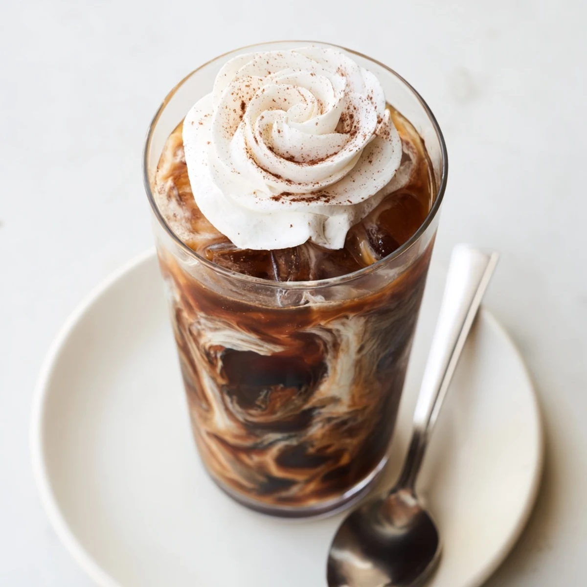 Homemade iced coffee drizzled with sweetened milk over mounds of clear ice