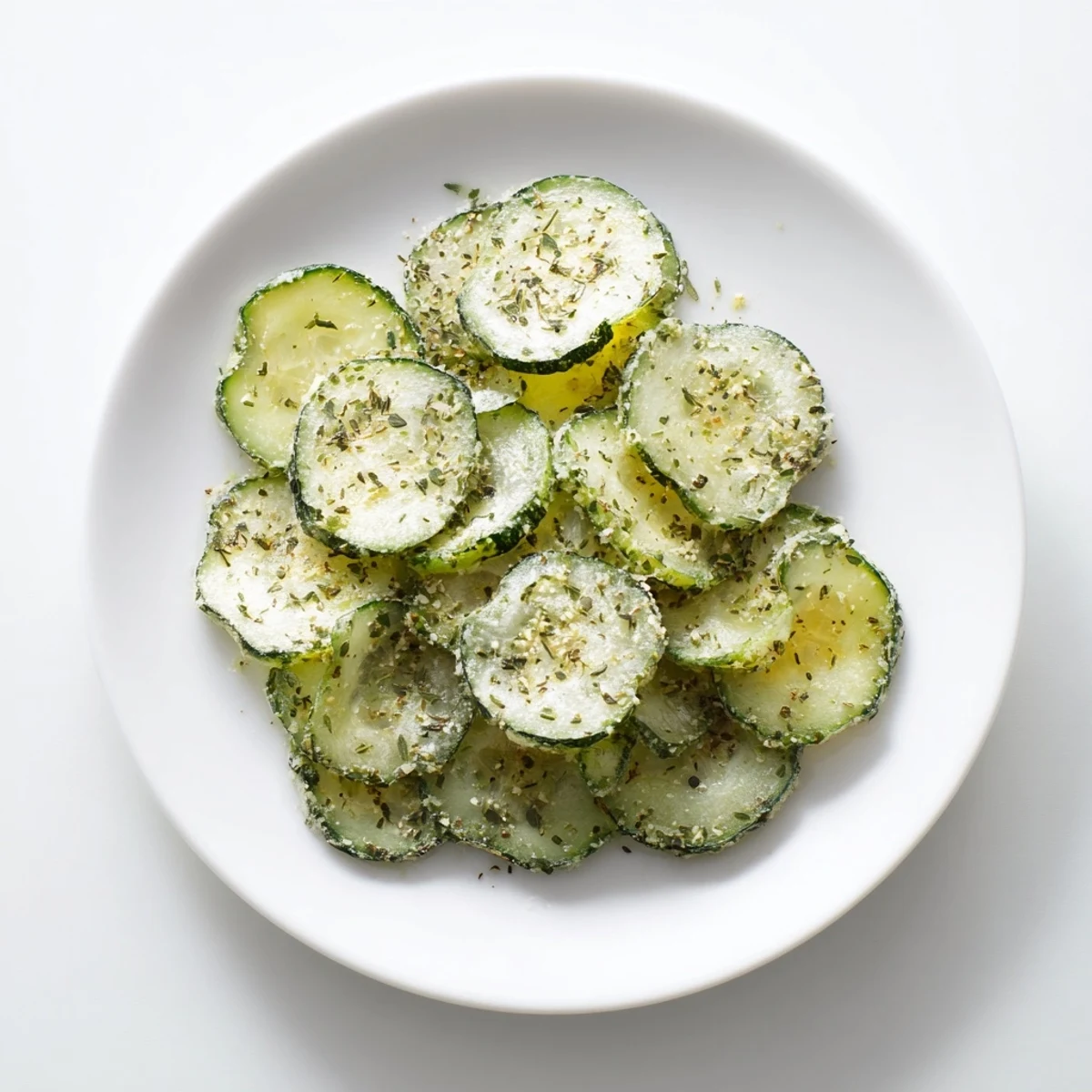 Golden ranch cucumber chips arranged on a wooden board with fresh dill garnish