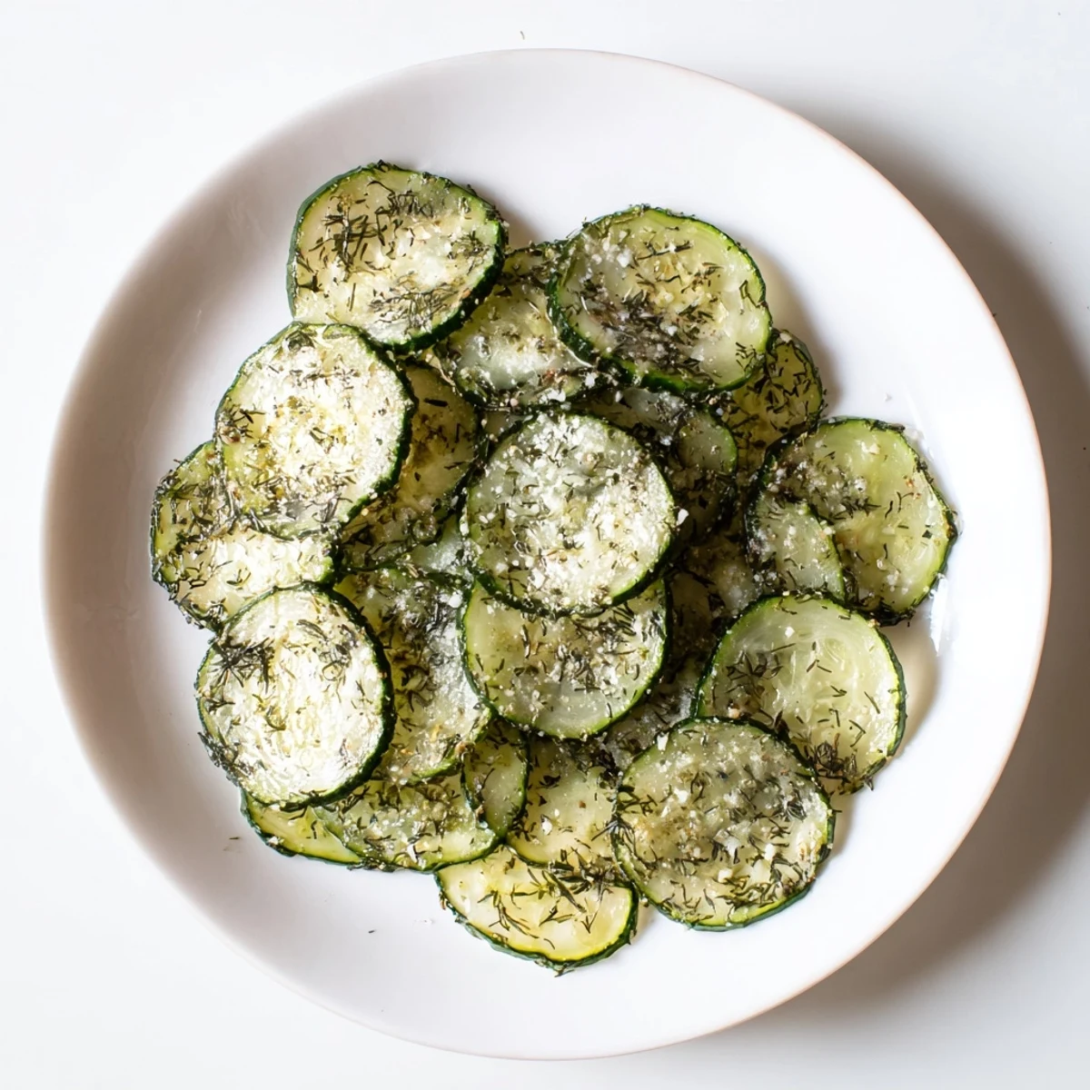 Crispy seasoned cucumber chips scattered on a white plate with dipping sauce