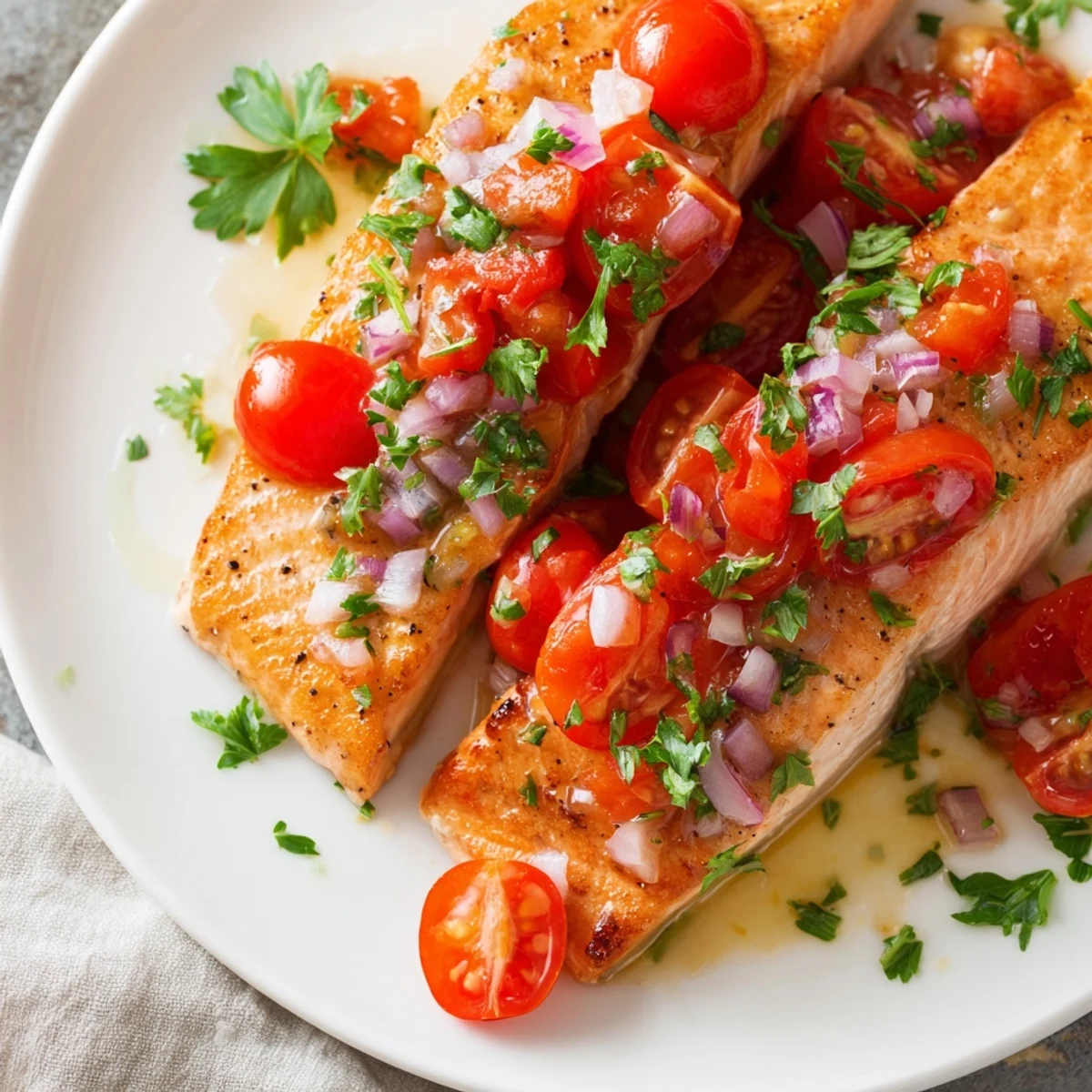 Golden pan-seared salmon fillets topped with chunky tomato lemon sauce and fresh parsley garnish on a white plate